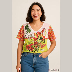 Dolce Cabo Women’s Large Beach Scene Printed And Beaded 90’s Shirt Stretchy